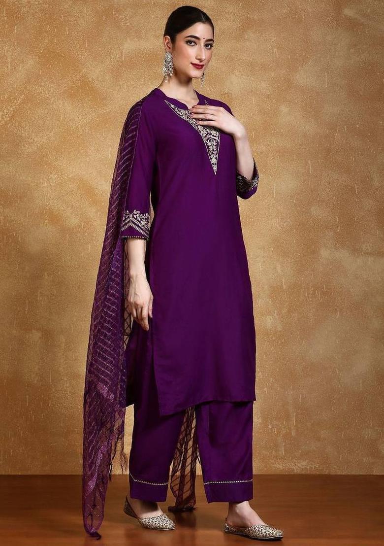 Purple Embroidery Silk Kurta Set - Indya
