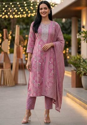 Purple Floral Print Cotton Kurta Set