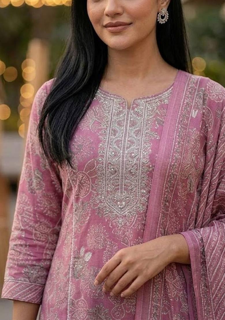 Purple Floral Print Cotton Kurta Set - Indya