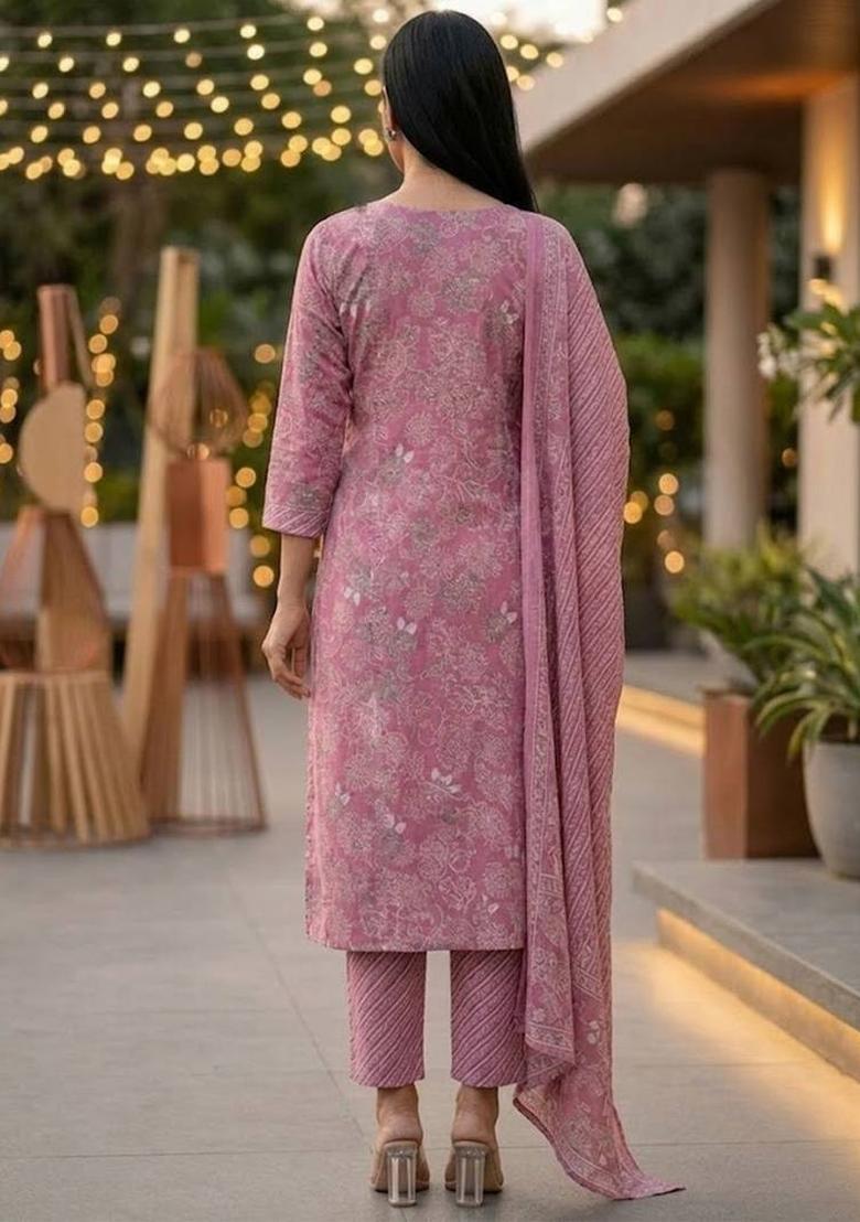 Purple Floral Print Cotton Kurta Set - Indya