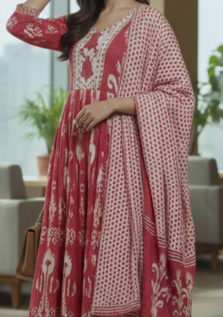 Magenta Floral Print Cotton Kurta Set - Indya