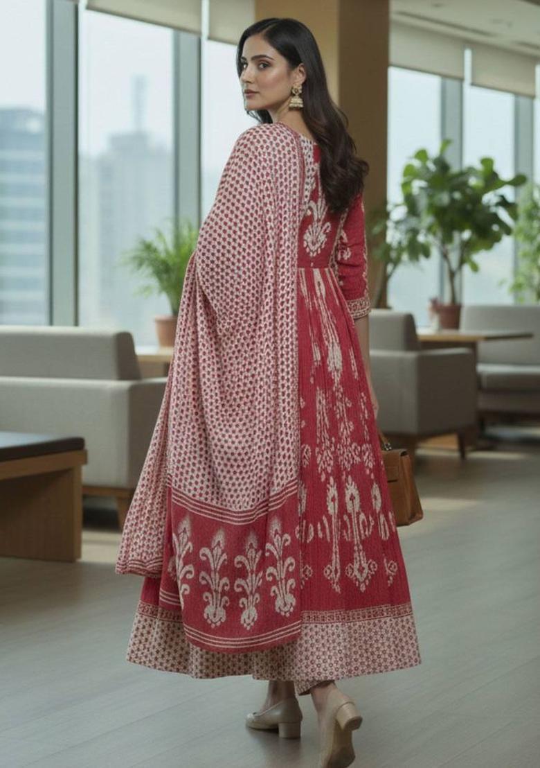 Magenta Floral Print Cotton Kurta Set - Indya