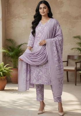 Lavender Floral Print Cotton Kurta Set