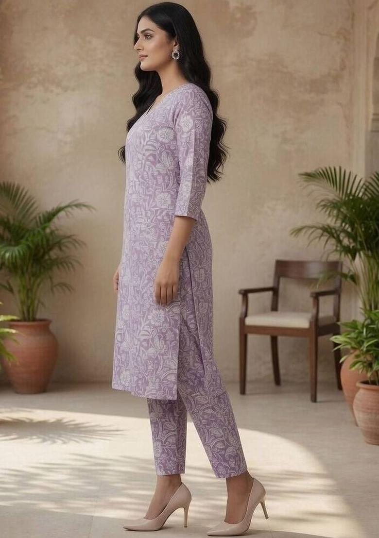 Lavender Floral Print Cotton Kurta Set - Indya