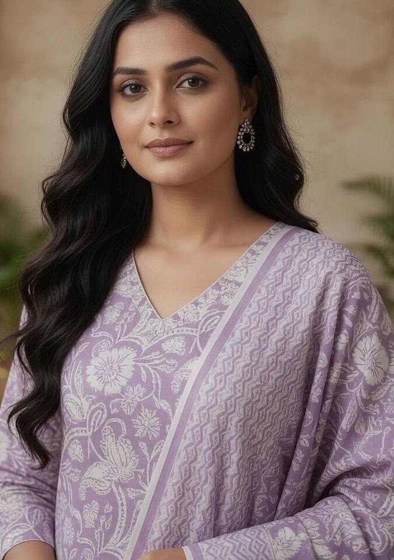 Lavender Floral Print Cotton Kurta Set - Indya