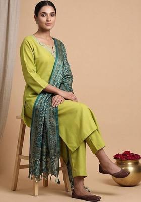 Lime Green Embroidery Cotton Kurta Set