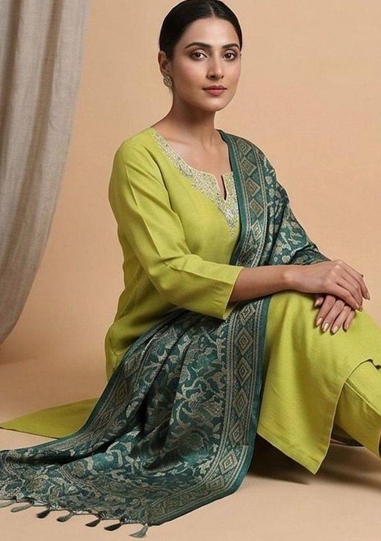 Lime Green Embroidery Cotton Kurta Set - Indya