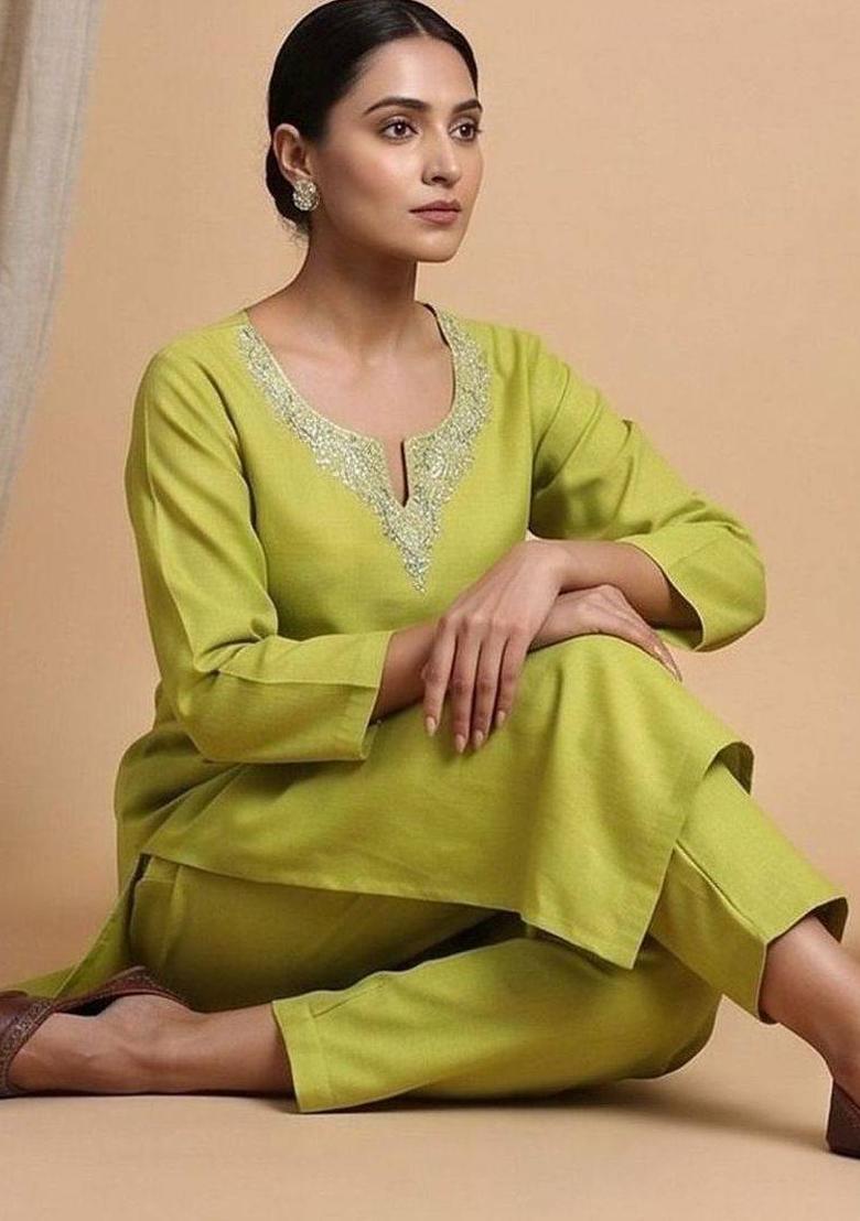 Lime Green Embroidery Cotton Kurta Set - Indya
