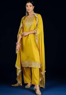 Yellow Embroidery Silk Kurta Set