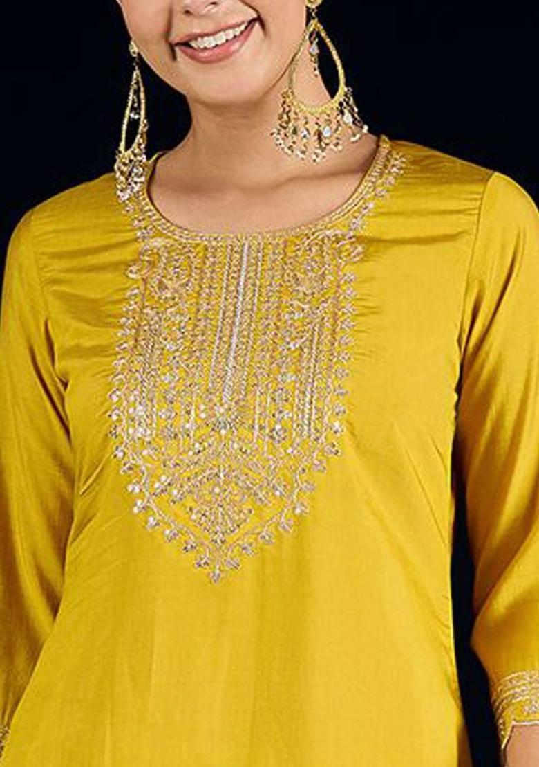 Yellow Embroidery Silk Kurta Set - Indya