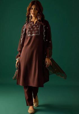 Brown Floral Print Cotton Kurta Set