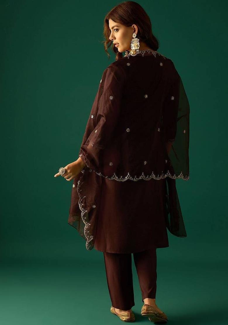 Brown Floral Print Cotton Kurta Set - Indya