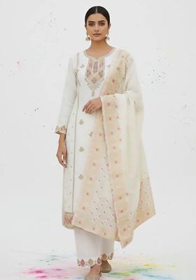 Off White Embroidery Silk Kurta Set