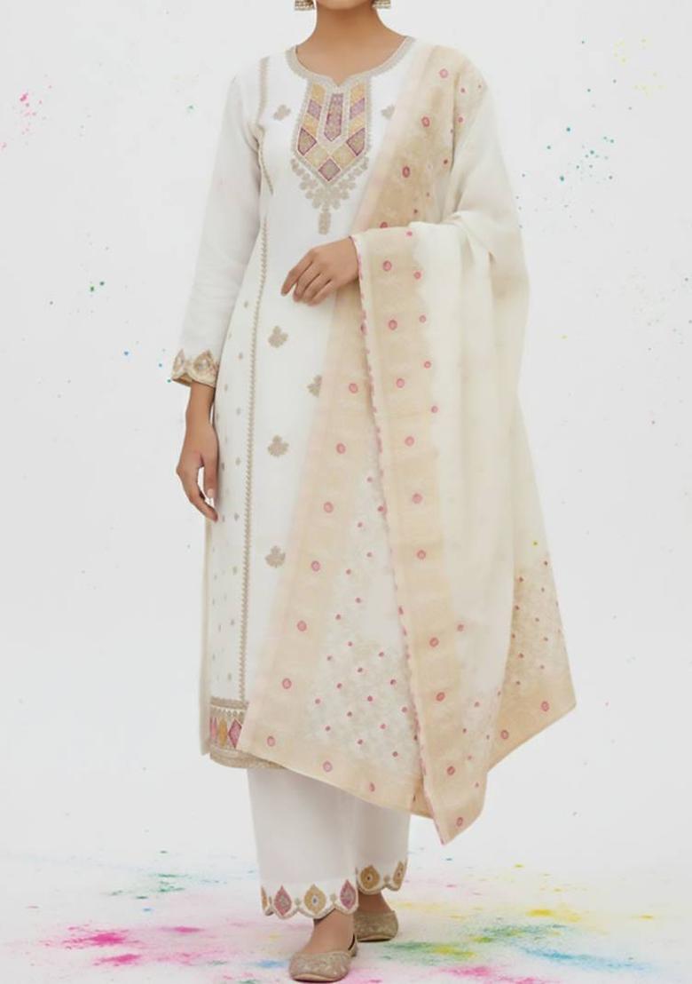Off White Embroidery Silk Kurta Set - Indya