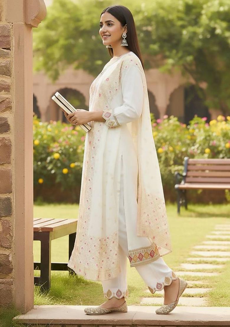 Off White Embroidery Silk Kurta Set - Indya
