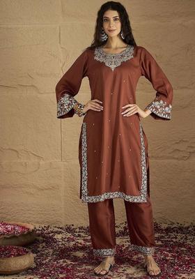 Brown Floral Print Silk Kurta Set