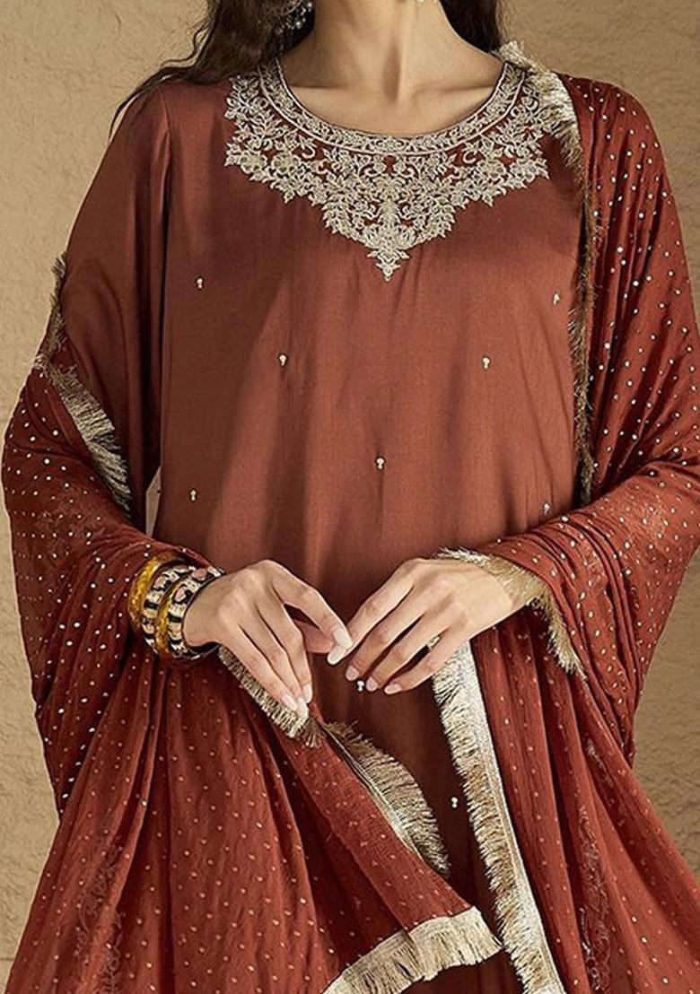 Brown Floral Print Silk Kurta Set - Indya