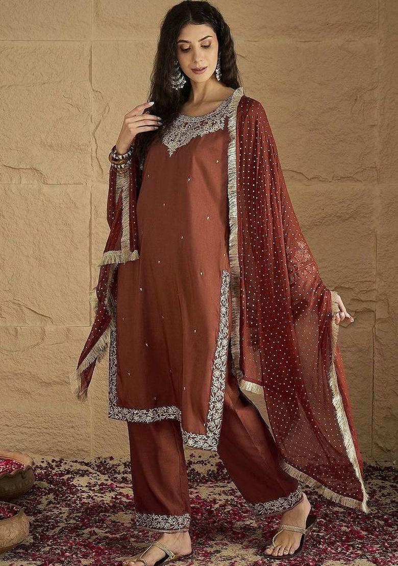 Brown Floral Print Silk Kurta Set - Indya