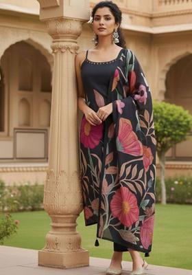 Black Floral Print Silk Kurta Set