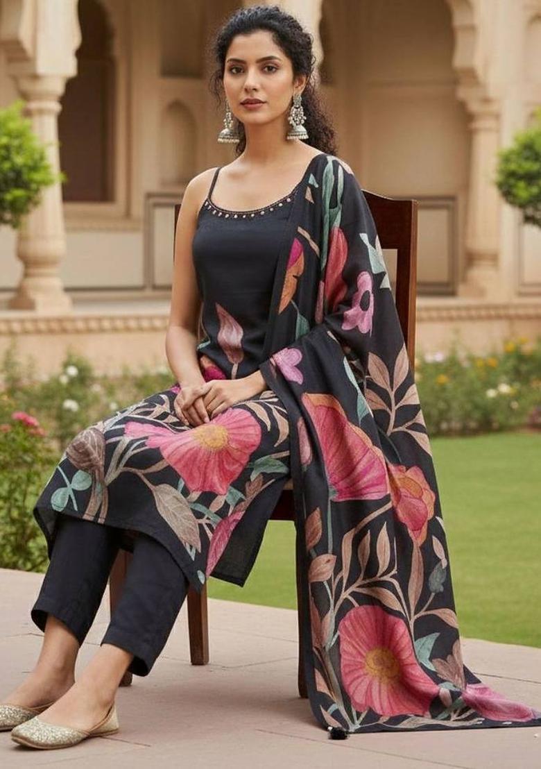 Black Floral Print Silk Kurta Set - Indya