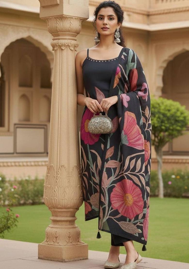 Black Floral Print Silk Kurta Set - Indya