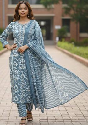 Blue Floral Print Cotton Kurta Set