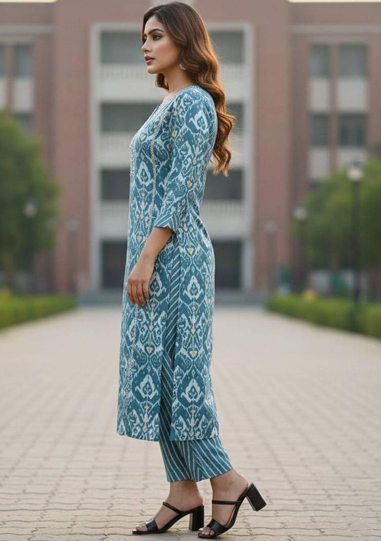 Blue Floral Print Cotton Kurta Set - Indya