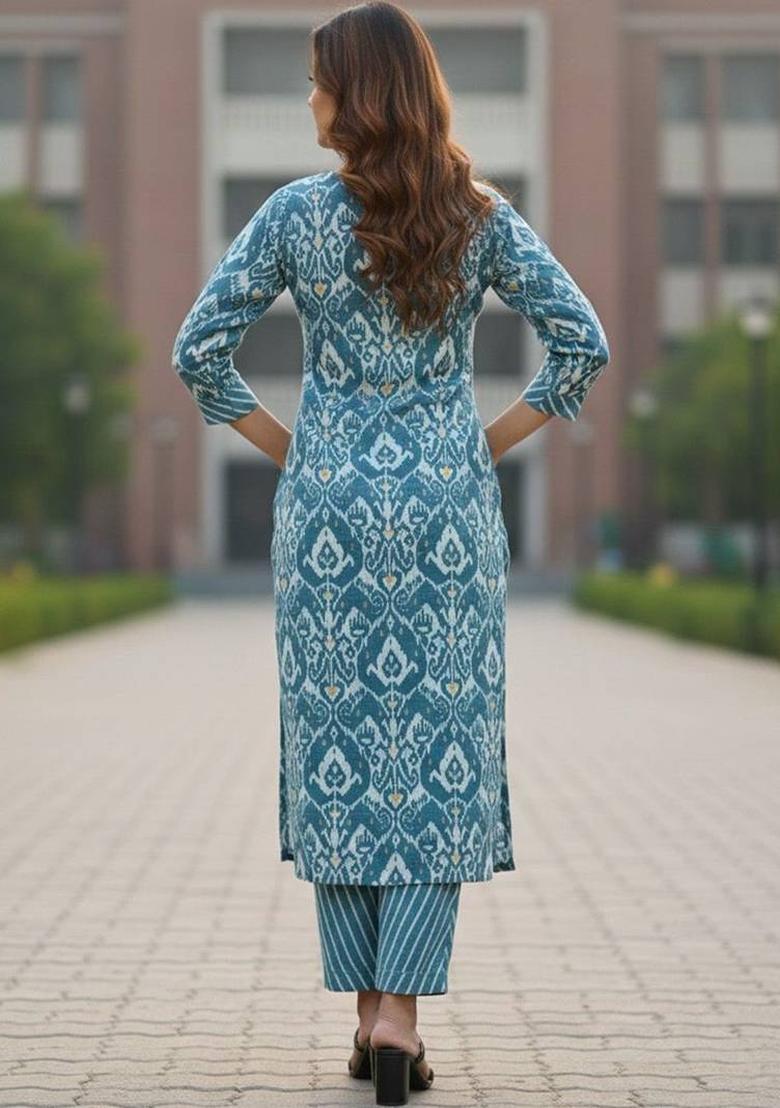 Blue Floral Print Cotton Kurta Set - Indya