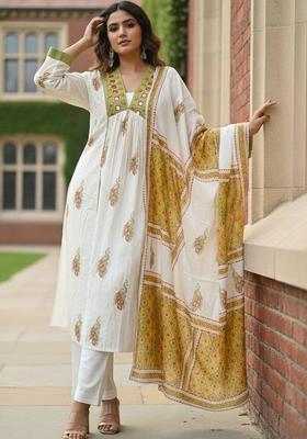 Off White Floral Print Cotton Kurta Set
