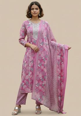 Pink Floral Print Cotton Kurta Set