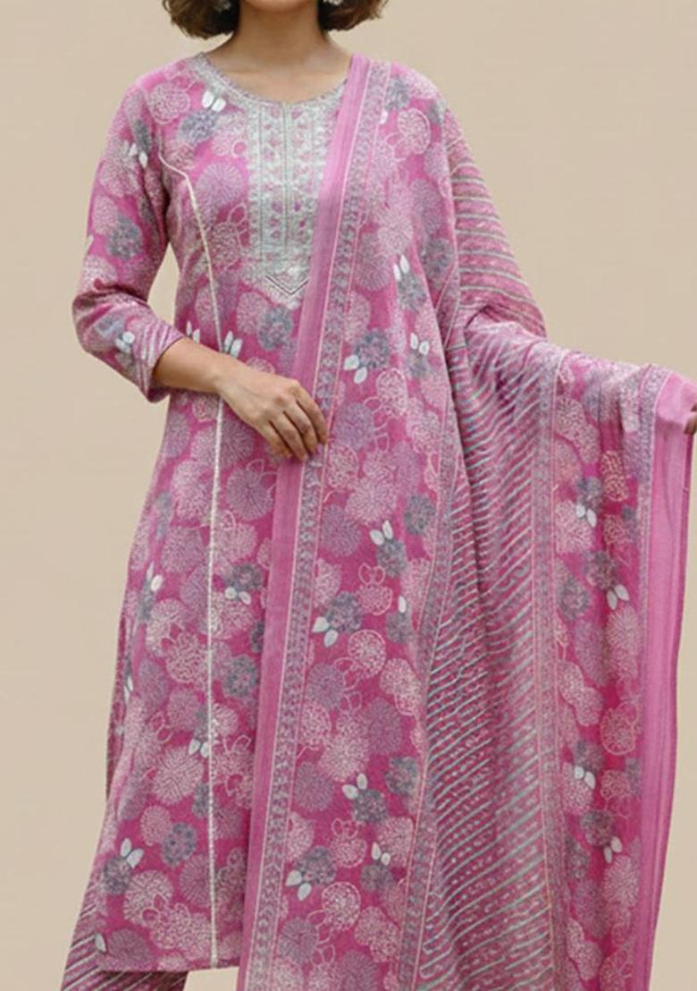 Pink Floral Print Cotton Kurta Set - Indya