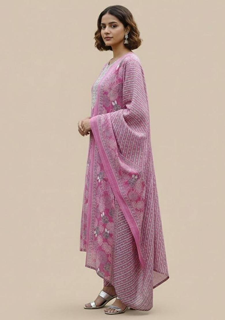 Pink Floral Print Cotton Kurta Set - Indya