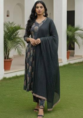 Black Floral Print Poly Crepe Kurta Set