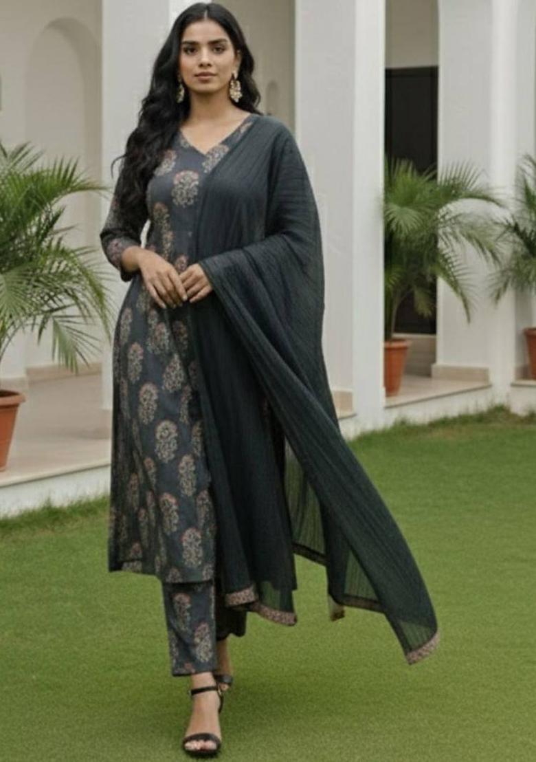 Black Floral Print Poly Crepe Kurta Set - Indya