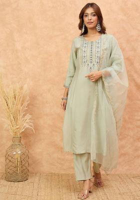 Green Thread Work Cotton Kurta Set