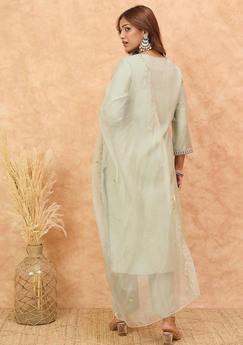 Green Thread Work Cotton Kurta Set - Indya