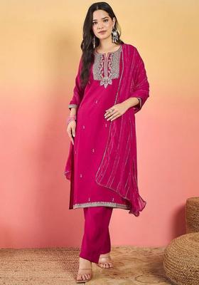 Magenta Embroidery Silk Kurta Set