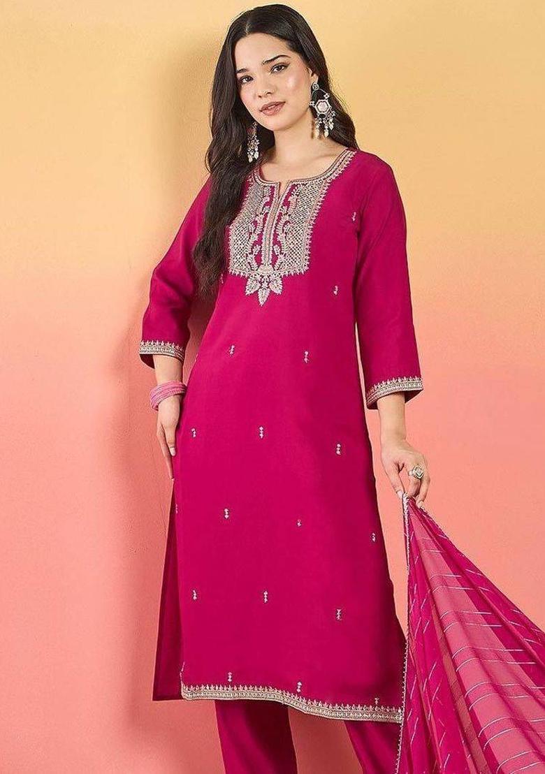 Magenta Embroidery Silk Kurta Set - Indya
