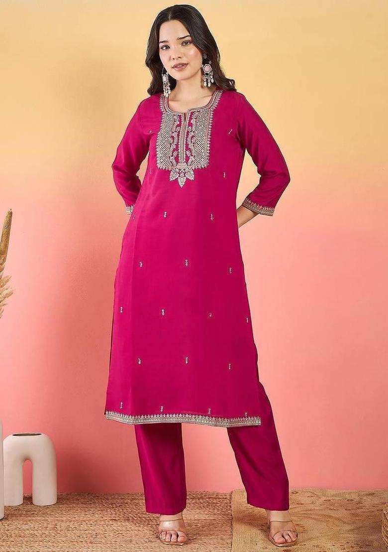 Magenta Embroidery Silk Kurta Set - Indya