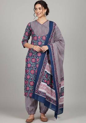 Blue Floral Print Cotton Kurta Set