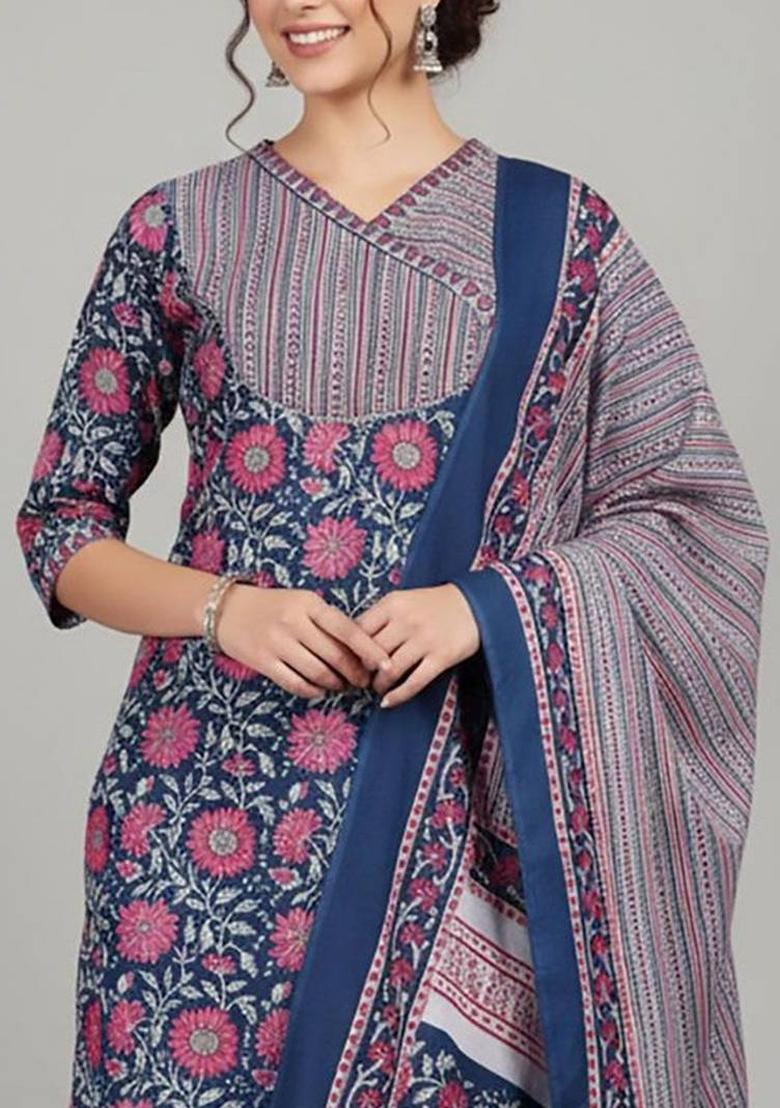 Blue Floral Print Cotton Kurta Set - Indya