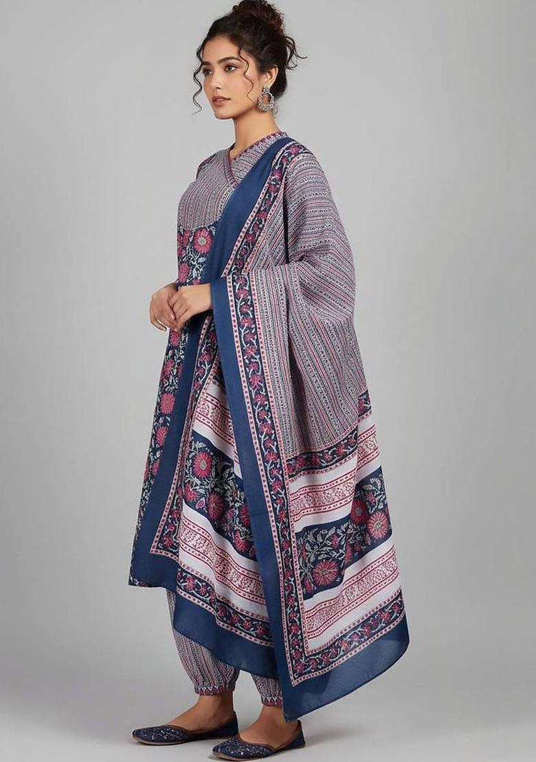 Blue Floral Print Cotton Kurta Set - Indya