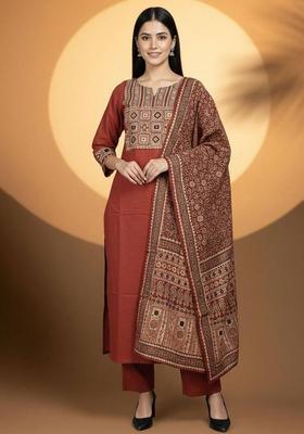 Red Embroidery Cotton Kurta Set