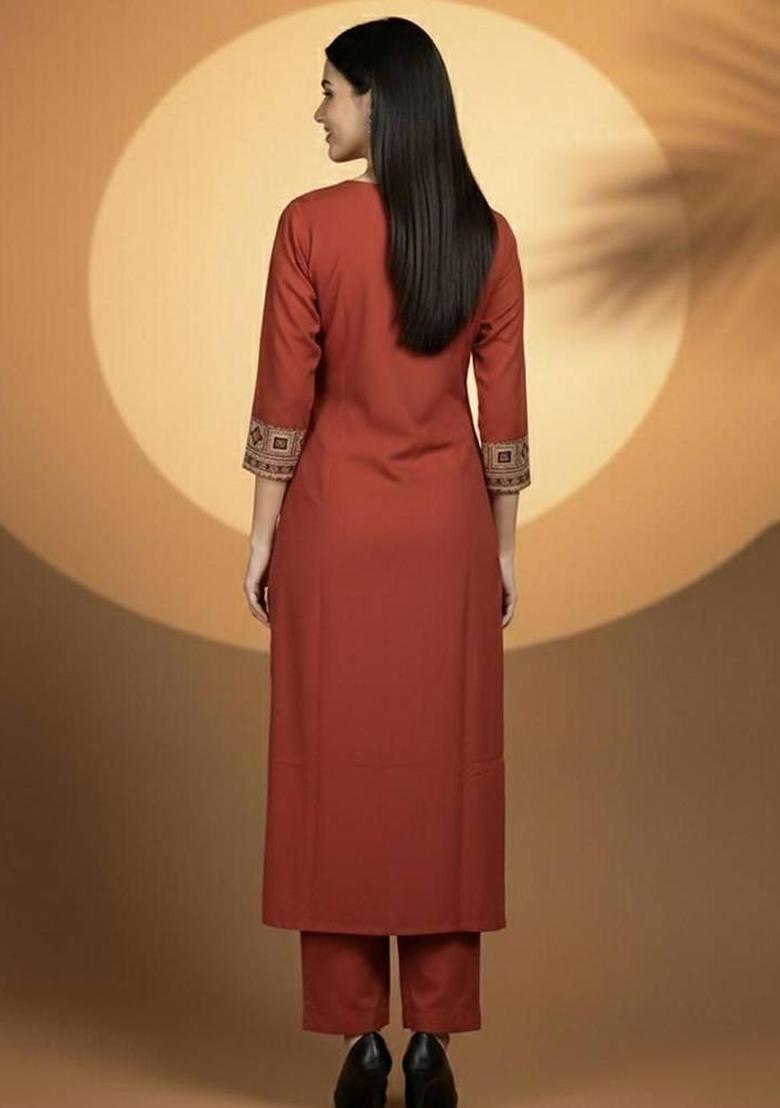 Red Embroidery Cotton Kurta Set - Indya