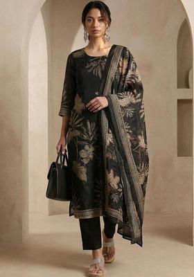 Black Floral Print Silk Kurta Set