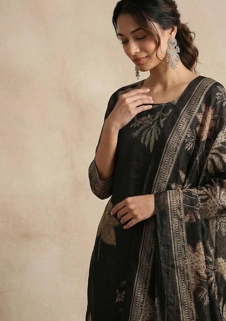 Black Floral Print Silk Kurta Set - Indya