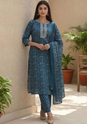 Teal Floral Print Cotton Kurta Set