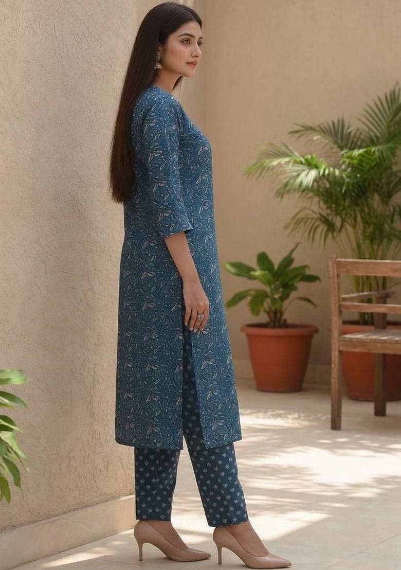 Teal Floral Print Cotton Kurta Set - Indya