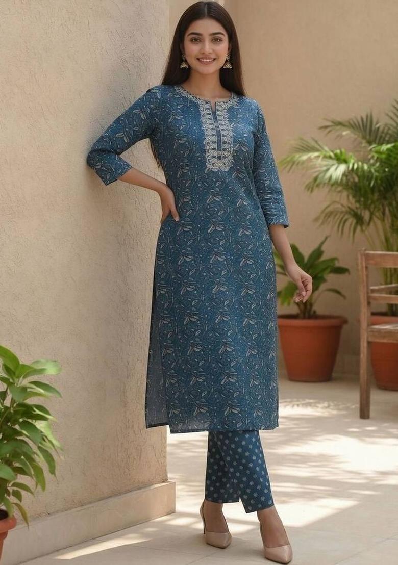 Teal Floral Print Cotton Kurta Set - Indya