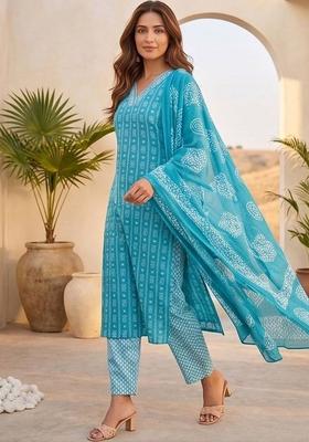 Turquoise Blue Floral Print Cotton Kurta Set